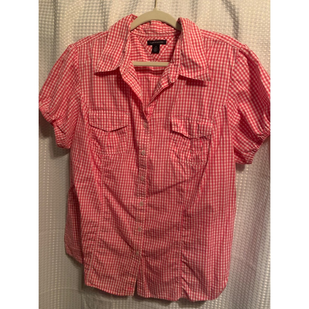 Tommy Hilfiger Pink Gingham Short Sleeve Button Down Shirt Womens 20